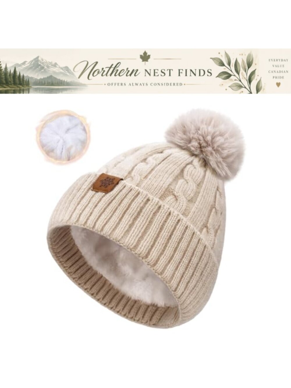 Faux Fur Pom Beanie Cable Knit Fleece Lined Winter Skull Cap